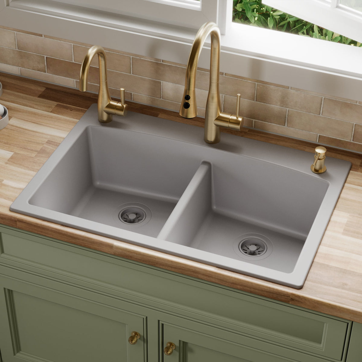 33" Top Mount Double Equal Bowl Quartz Composite Kitchen Sink In Grey