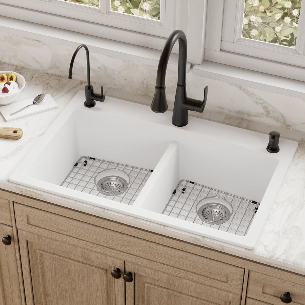 33" Top Mount Double Equal Bowl Quartz Composite Kitchen Sink Kit In White