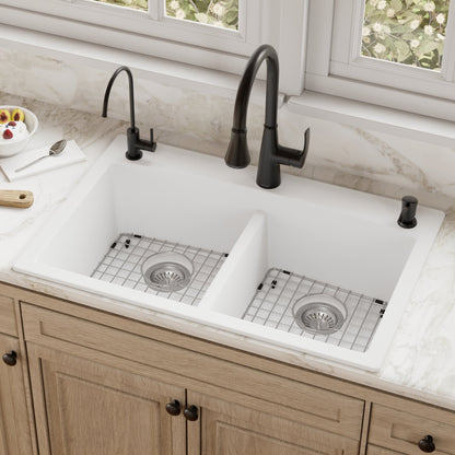 33" Top Mount Double Equal Bowl Quartz Composite Kitchen Sink Kit In White