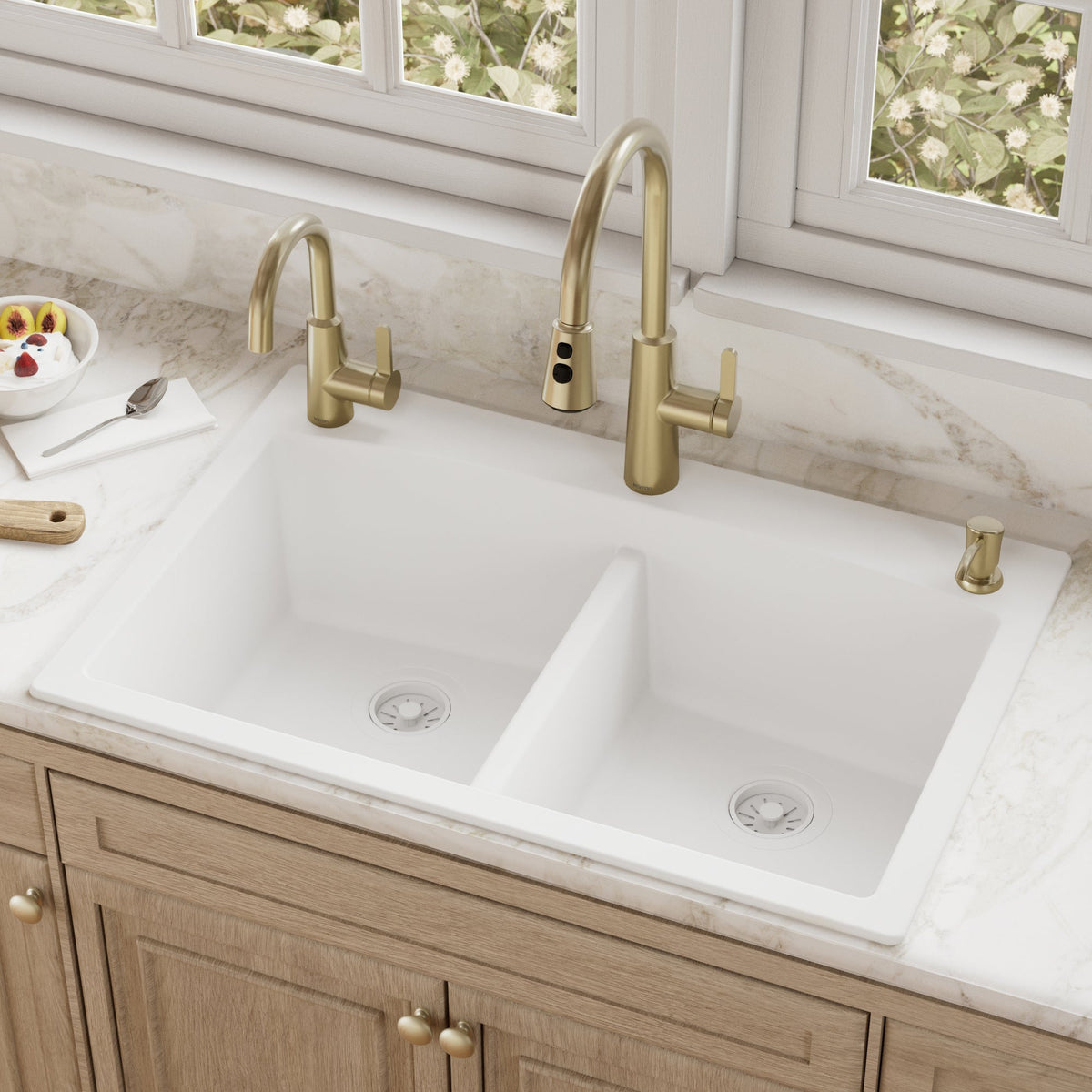 33" Top Mount Double Equal Bowl Quartz Composite Kitchen Sink In White