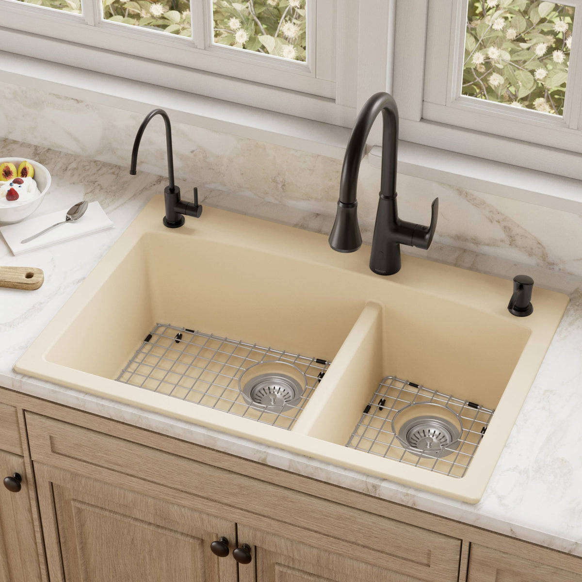 33" Top Mount Double Offset Bowl Quartz Composite Kitchen Sink Kit In Bisque