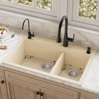 33" Top Mount Double Offset Bowl Quartz Composite Kitchen Sink Kit In Bisque