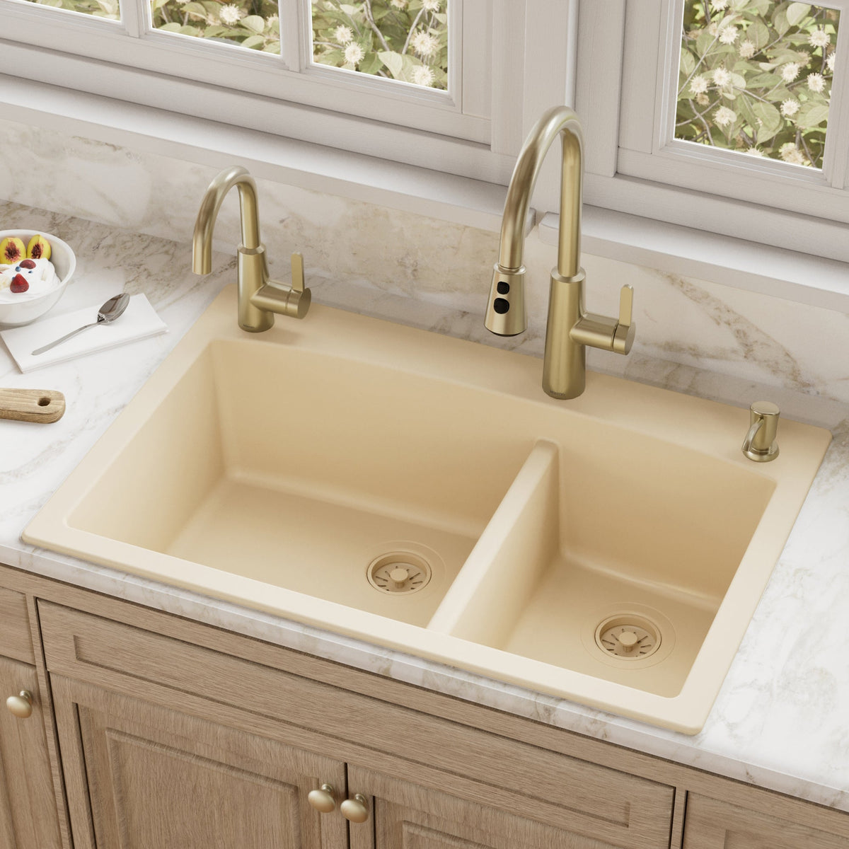 33" Top Mount Double Offset Bowl Quartz Composite Kitchen Sink In Bisque