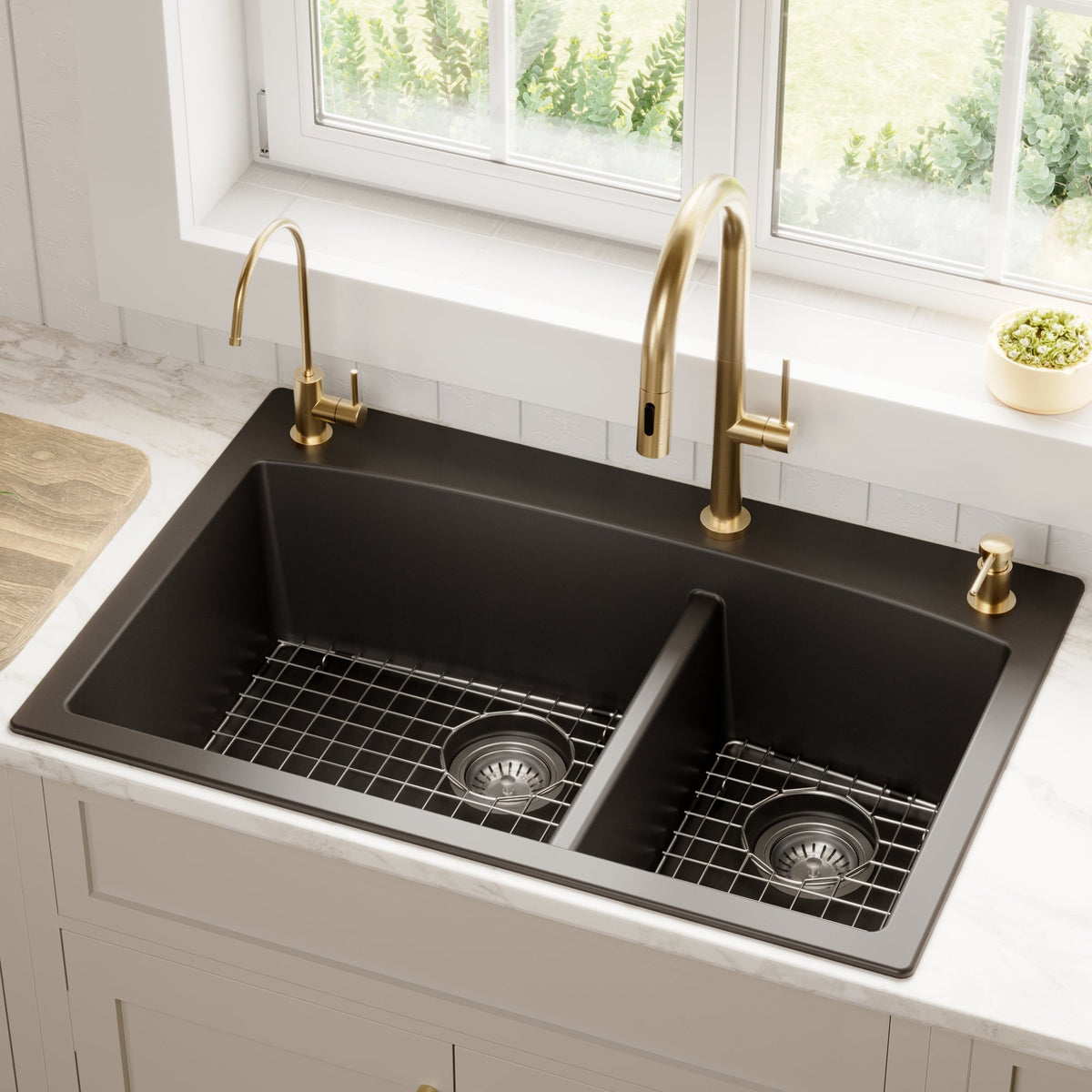 33" Top Mount Double Offset Bowl Quartz Composite Kitchen Sink Kit In Black