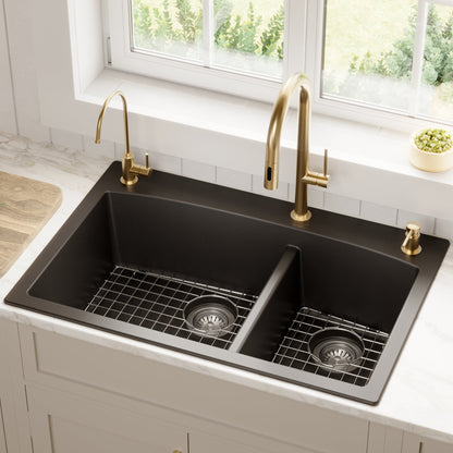 33" Top Mount Double Offset Bowl Quartz Composite Kitchen Sink Kit In Black