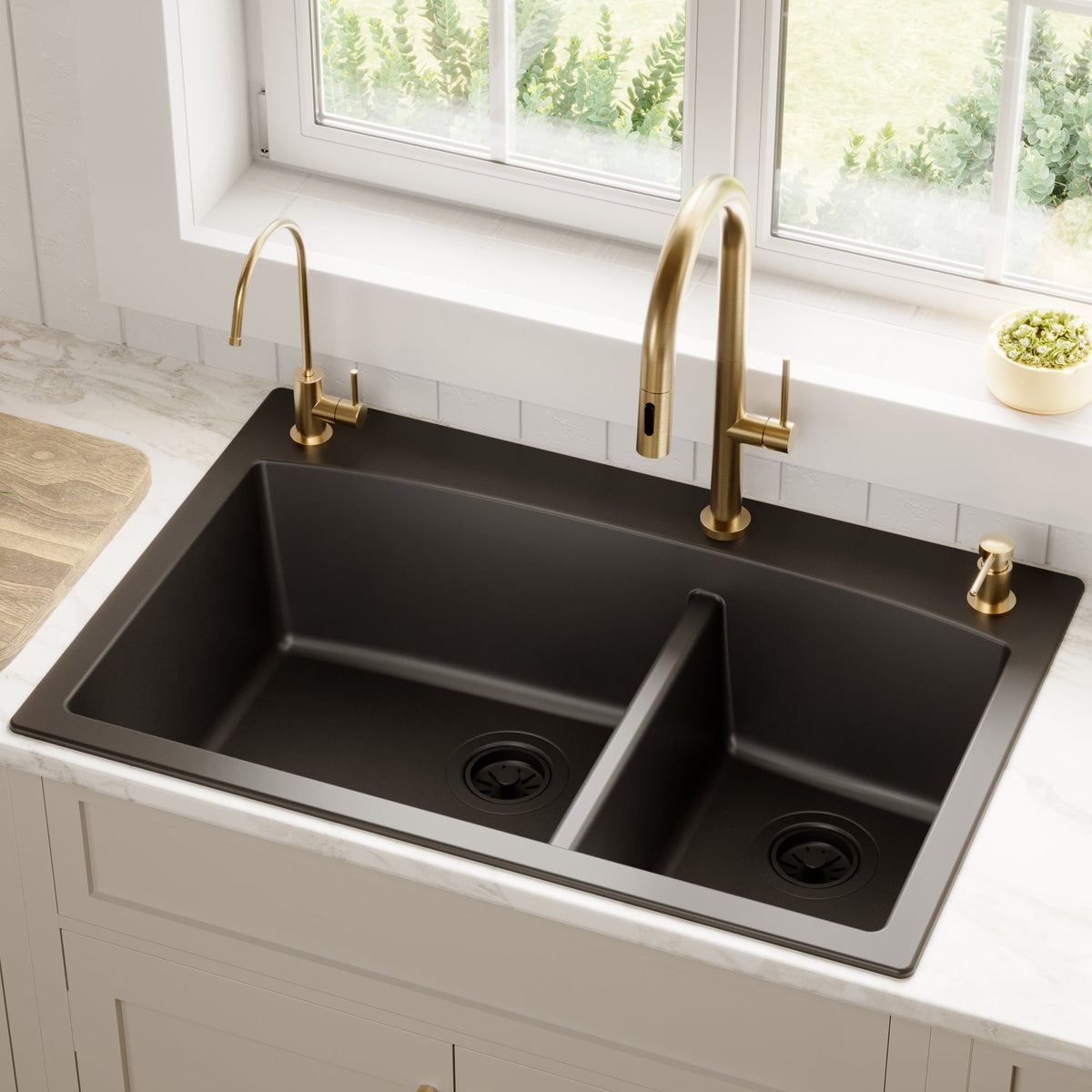 33" Top Mount Double Offset Bowl Quartz Composite Kitchen Sink In Black