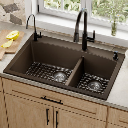 33" Top MountDouble Offset Bowl Quartz Composite Kitchen Sink Kit In Brown