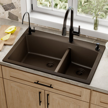 33" Top Mount Double Offset Bowl Quartz Composite Kitchen Sink In Brown