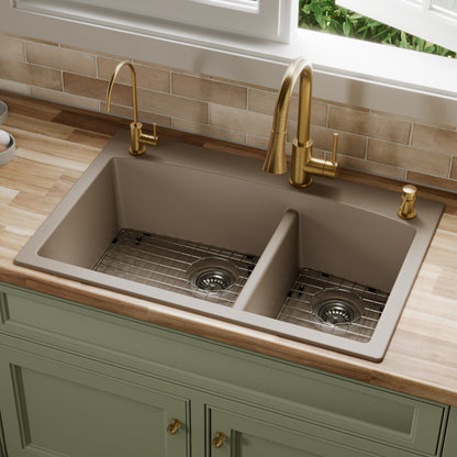 33" Top Mount Double Offset Bowl Quartz Composite Kitchen Sink Kit In Concrete