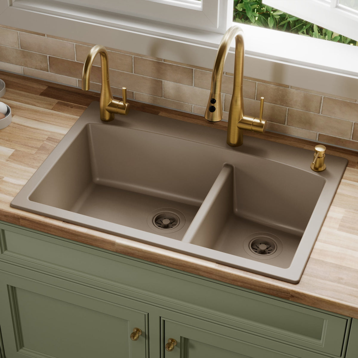 33" Top Mount Double Offset Bowl Quartz Composite Kitchen Sink In Concrete