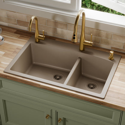 33" Top Mount Double Offset Bowl Quartz Composite Kitchen Sink In Concrete