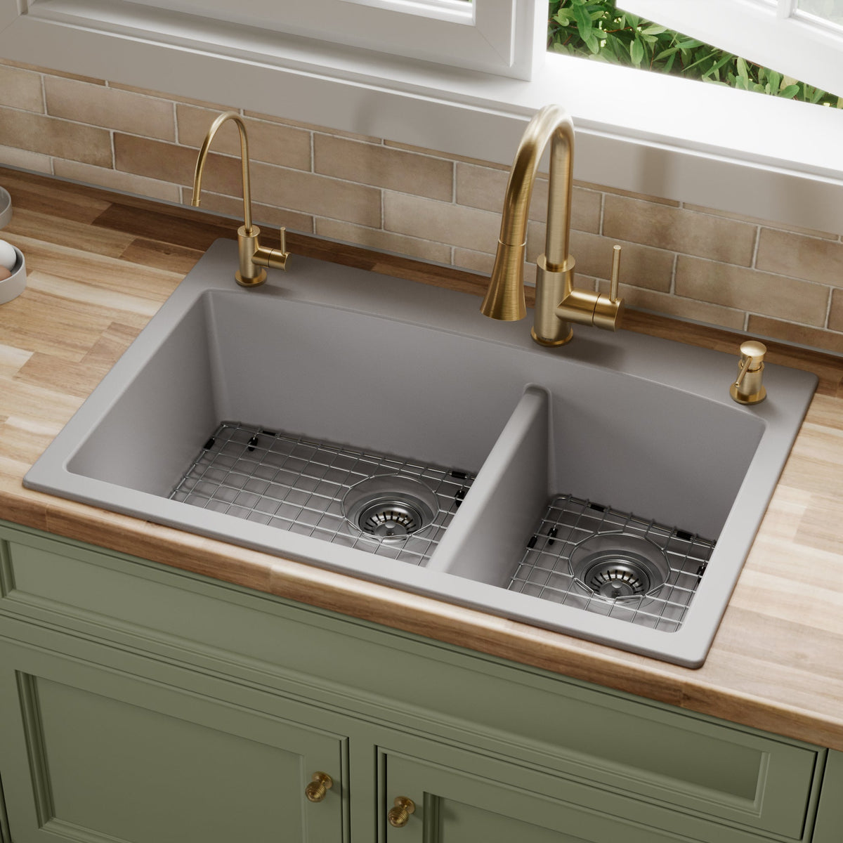 33" Top Mount Double Offset Bowl Quartz Composite Kitchen Sink Kit In Grey