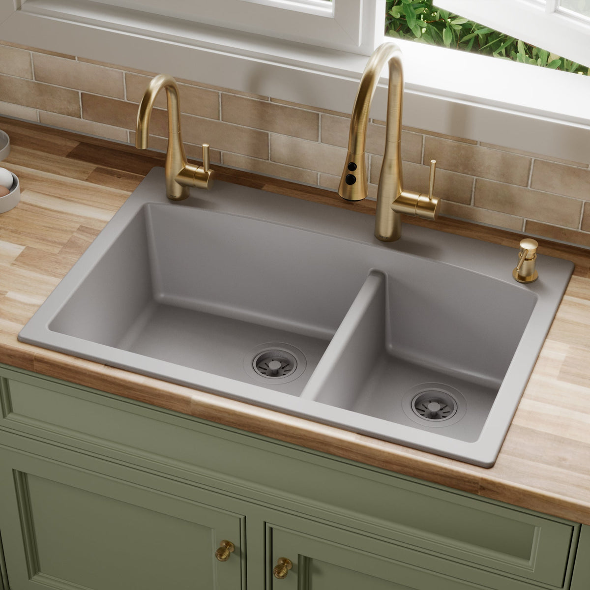 33" Top Mount Double Offset Bowl Quartz Composite Kitchen Sink In Grey