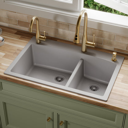 33" Top Mount Double Offset Bowl Quartz Composite Kitchen Sink In Grey
