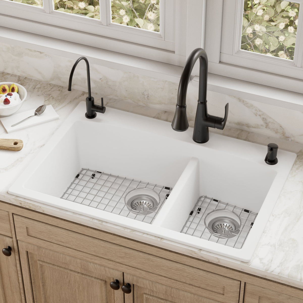 33" Top Mount Double Offset Bowl Quartz Composite Kitchen Sink Kit In White