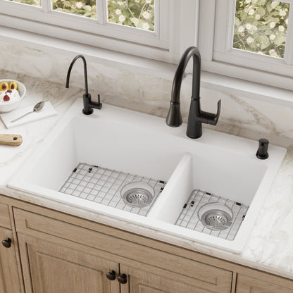 33" Top Mount Double Offset Bowl Quartz Composite Kitchen Sink Kit In White