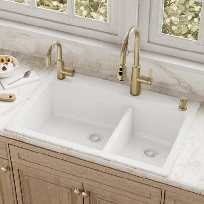 33" Top Mount Double Offset Bowl Quartz Composite Kitchen Sink In White