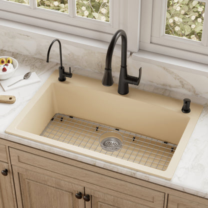 33" Top Mount Large Single Bowl Quartz Composite Kitchen Sink Kit In Bisque