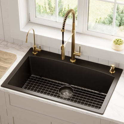 33" Top Mount Large Single Bowl Quartz Composite Kitchen Sink Kit In Black