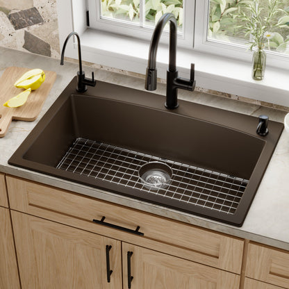 33" Top Mount Large Single Bowl Quartz Composite Kitchen Sink Kit In Brown