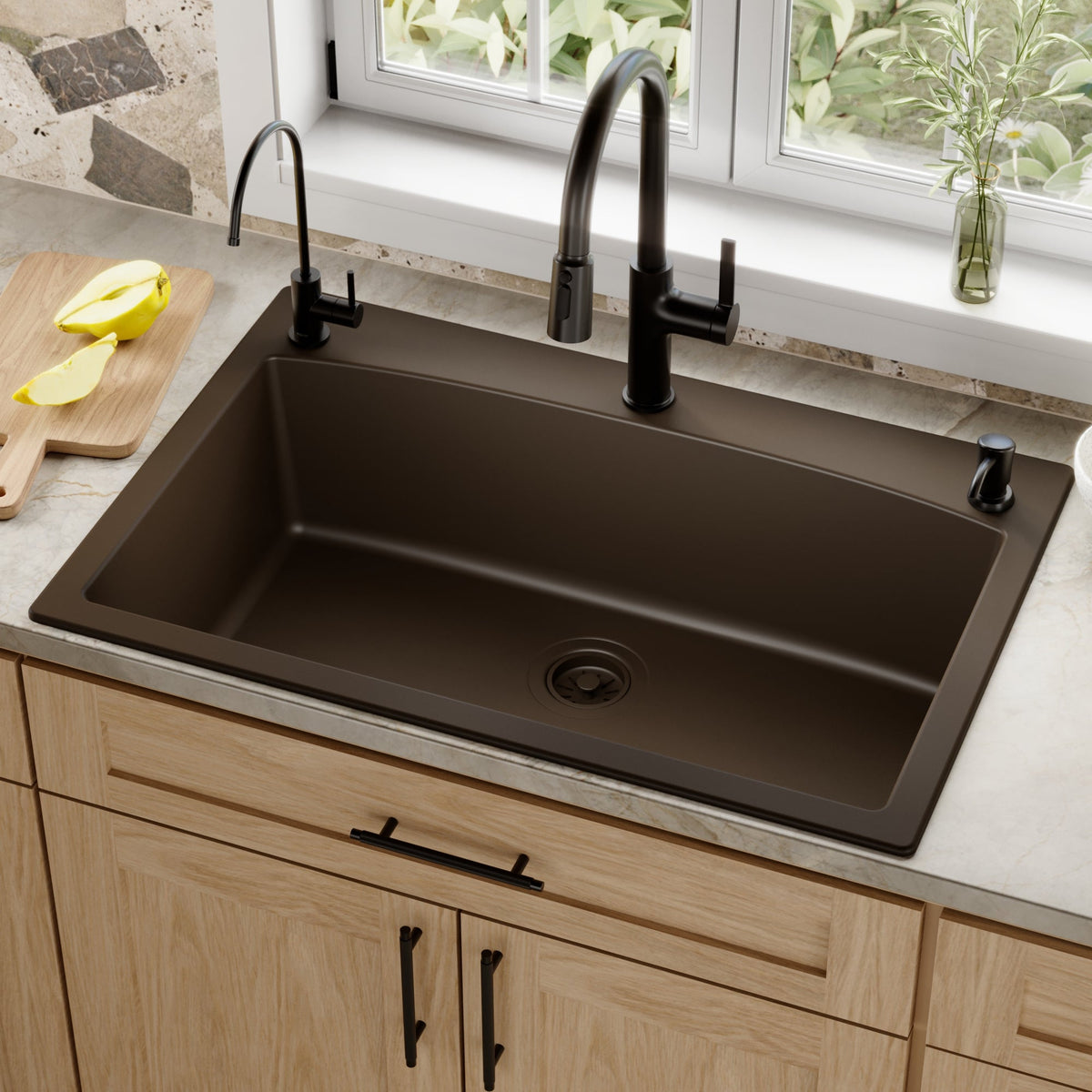 33" Top Mount Large Single Bowl Quartz Composite Kitchen Sink In Brown