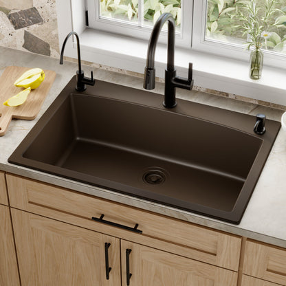 33" Top Mount Large Single Bowl Quartz Composite Kitchen Sink In Brown