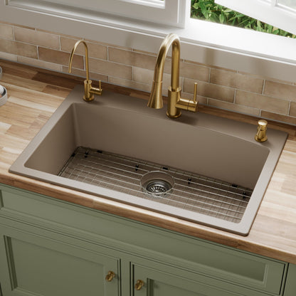 33" Top Mount Large Single Bowl Quartz Composite Kitchen Sink Kit Concrete
