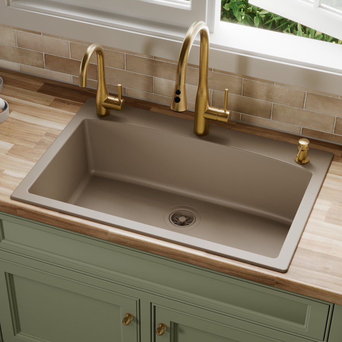 33" Top Mount Large Single Bowl Quartz Composite Kitchen Sink In Concrete