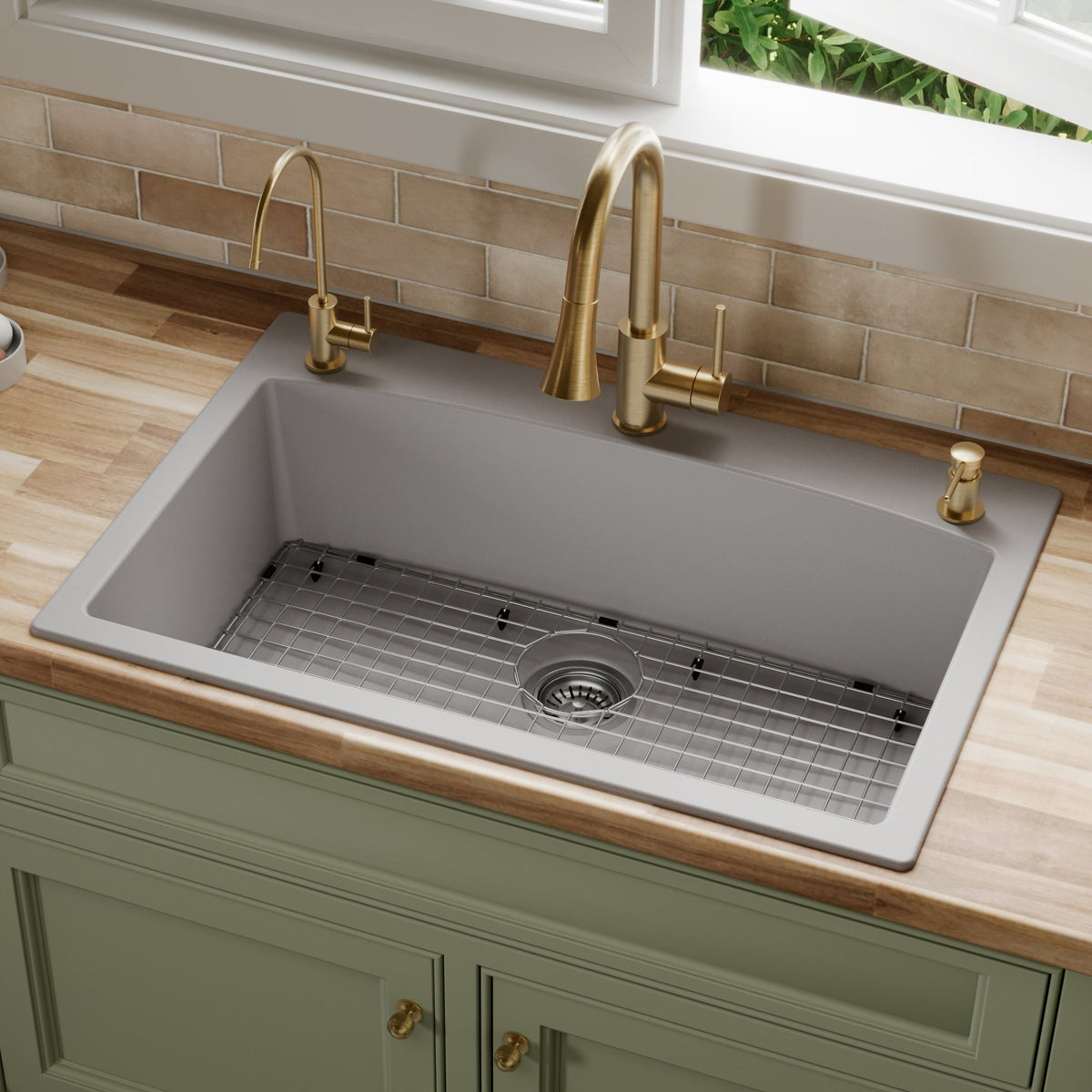 33" Top Mount Large Single Bowl Quartz Composite Kitchen Sink Kit Grey
