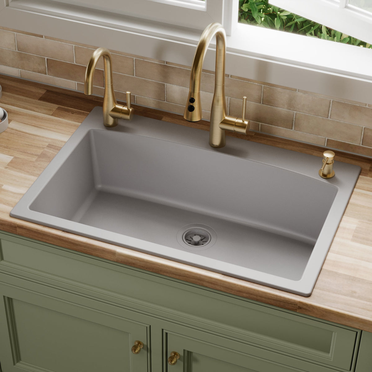 33" Top Mount Large Single Bowl Quartz Composite Kitchen Sink In Grey