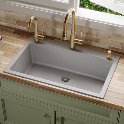 33" Top Mount Large Single Bowl Quartz Composite Kitchen Sink In Grey