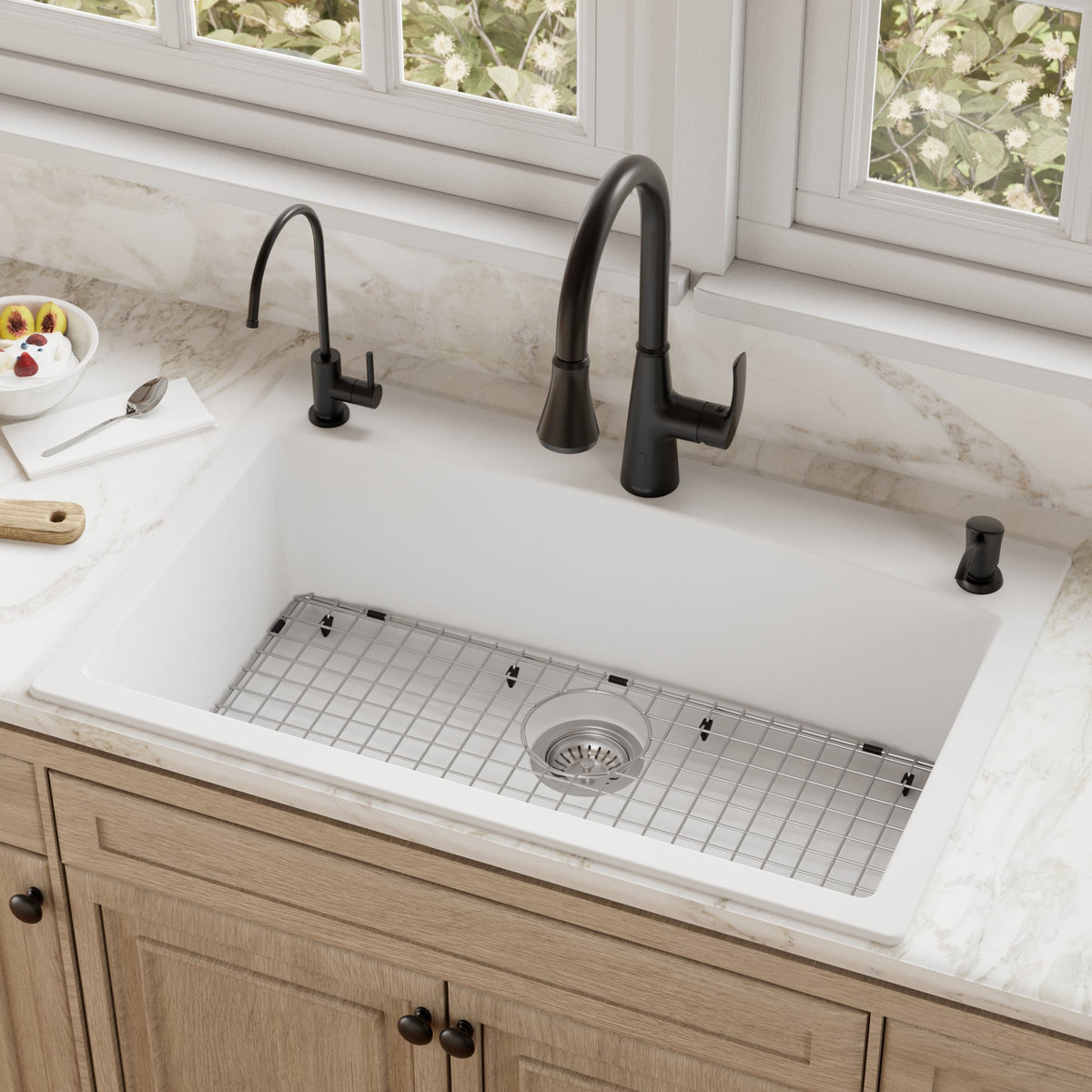 33" Top Mount Large Single Bowl Quartz Composite Kitchen Sink Kit White