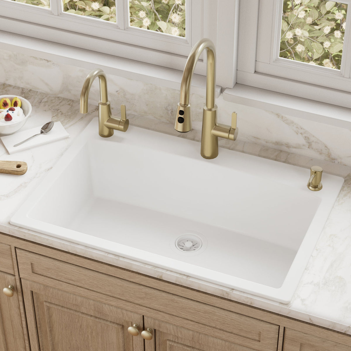 33" Top Mount Large Single Bowl Quartz Composite Kitchen Sink In White