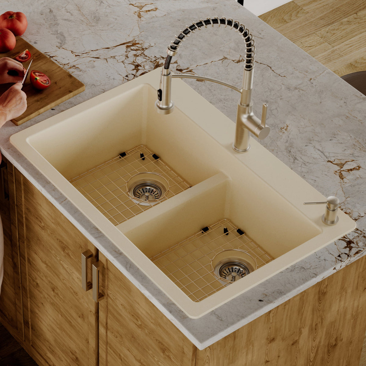 33" Top Mount Double Equal Bowl Quartz Composite Kitchen Sink Kit In Bisque