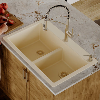 33" Top Mount Double Bowl Quartz Composite Kitchen Sink In Bisque