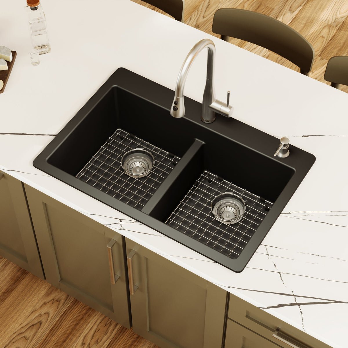 33" Top Mount Double Equal Bowl Quartz Composite Kitchen Sink Kit In Black