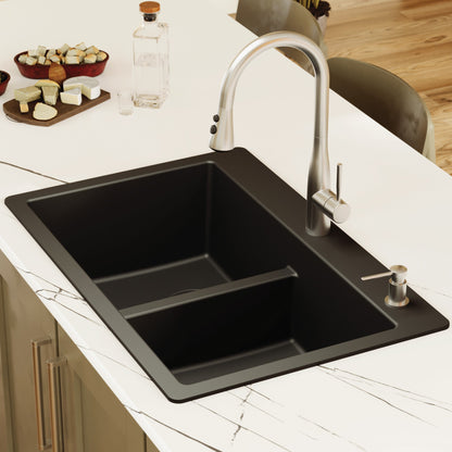 33" Top Mount Double Bowl Quartz Composite Kitchen Sink In Black