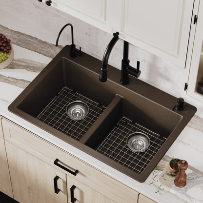 33" Top Mount Double Equal Bowl Quartz Composite Kitchen Sink Kit In Brown