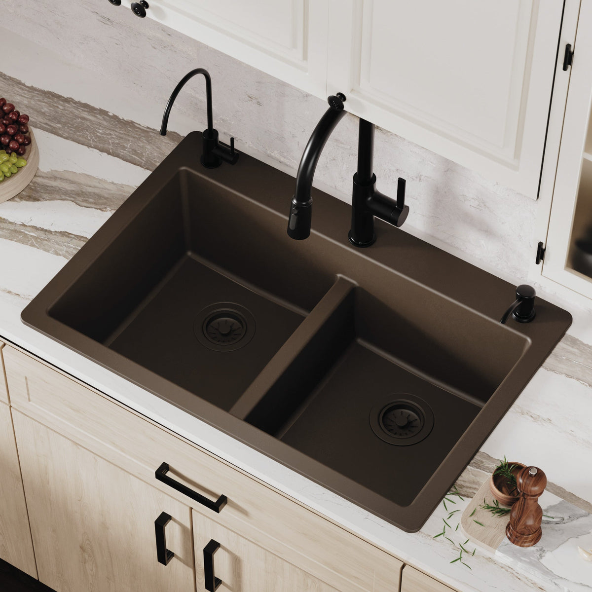 33" Top Mount Double Bowl Quartz Composite Kitchen Sink In Brown