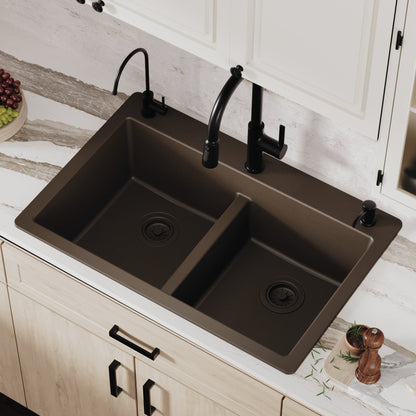 33" Top Mount Double Bowl Quartz Composite Kitchen Sink In Brown