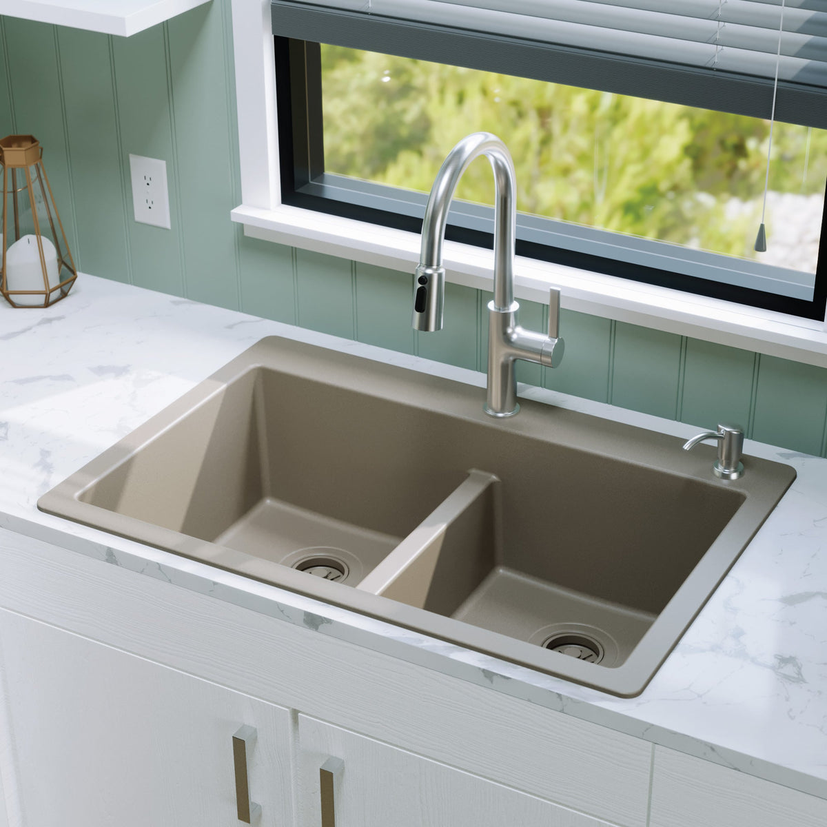 33" Top Mount Double Bowl Quartz Composite Kitchen Sink In Concrete