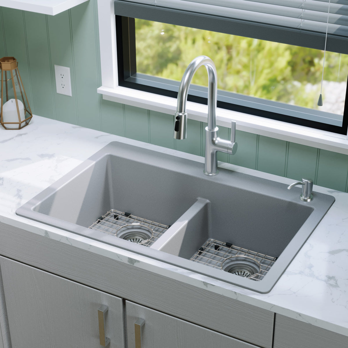 33" Top Mount Double Equal Bowl Quartz Composite Kitchen Sink Kit In Grey