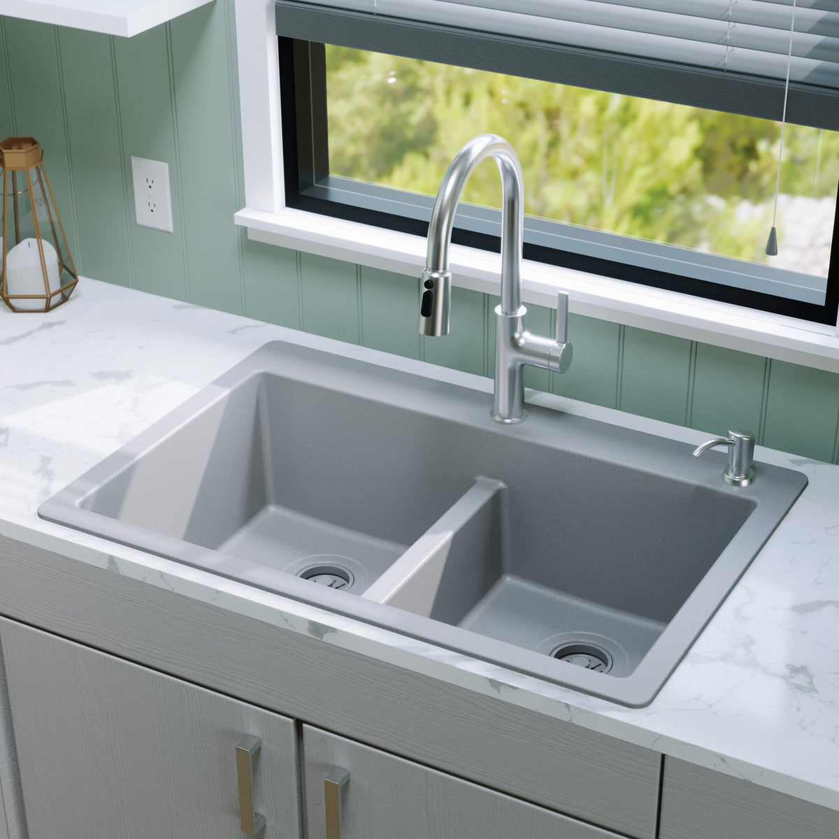 33" Top Mount Double Bowl Quartz Composite Kitchen Sink In Grey