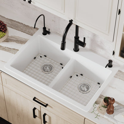 33" Top Mount Double Equal Bowl Quartz Composite Kitchen Sink Kit In White