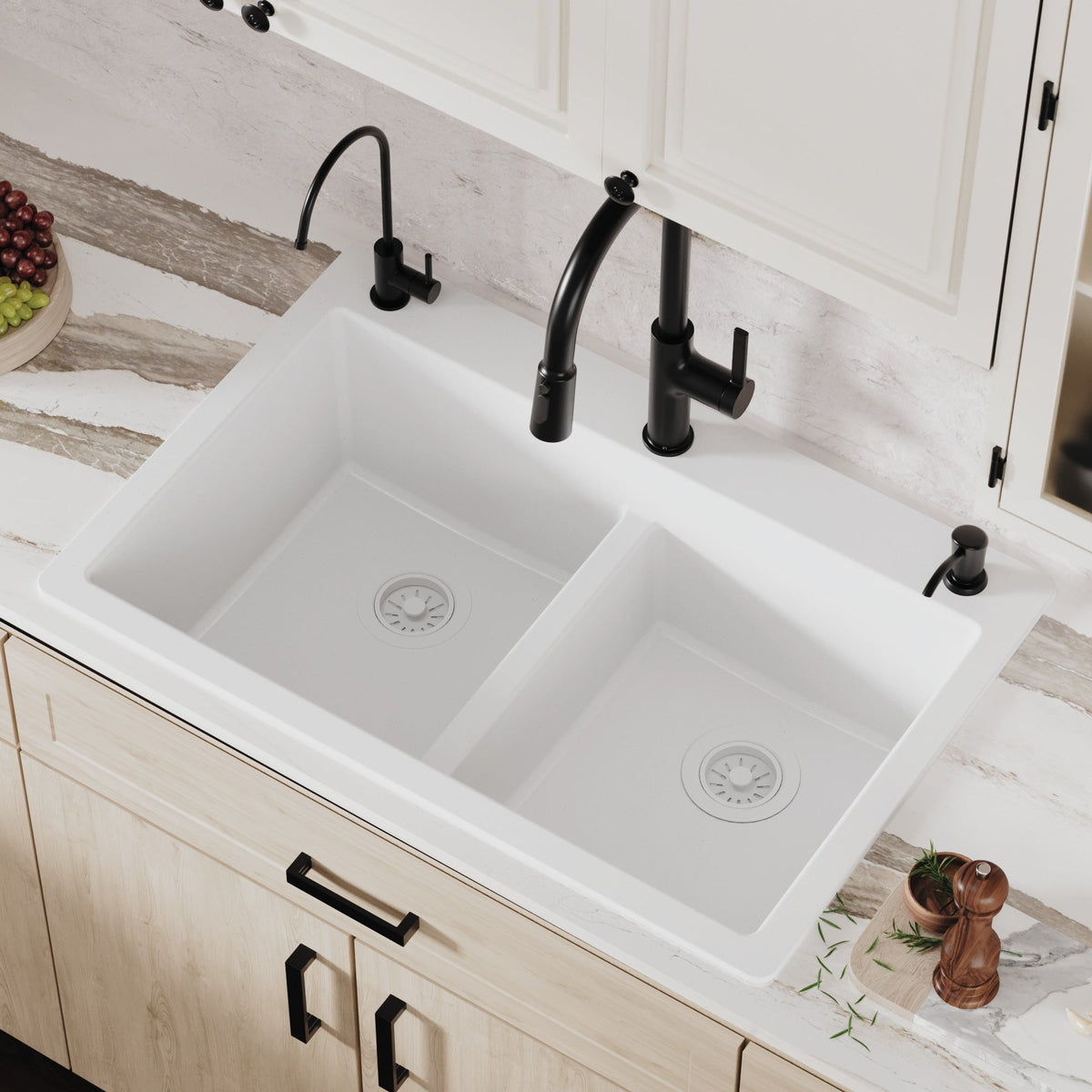 33" Top Mount Double Bowl Quartz Composite Kitchen Sink In White