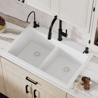 33" Top Mount Double Bowl Quartz Composite Kitchen Sink In White