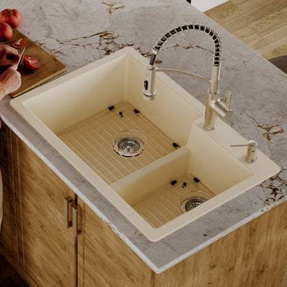 33" Top Mount Double Offset Bowl Quartz Composite Kitchen Sink Kit In Bisque