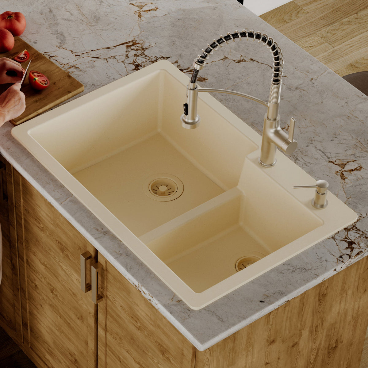 33" Top Mount Double Offset Bowl Quartz Composite Kitchen Sink In Bisque