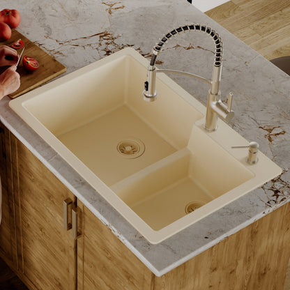 33" Top Mount Double Offset Bowl Quartz Composite Kitchen Sink In Bisque