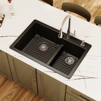 33" Top Mount Double Offset Bowl Quartz Composite Kitchen Sink Kit In Black